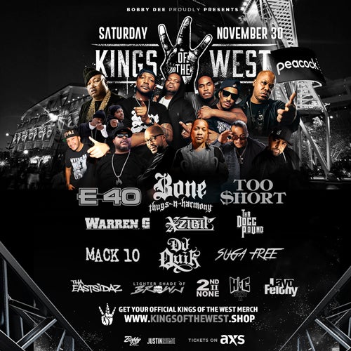 More Info for Bobby Dee Presents Kings of the West: Performances by E-40, Bone Thugs N Harmony, Too Short, Warren G, Xzibit, Tha Dogg Pound, Mack-10, DJ Quik, Suga Free, Tha Eastsidaz, Lighter Shade of Brown, 2nd II None, Hi-C and Jayo Felony on Saturday, November 30, 2024, at Peacock Theater